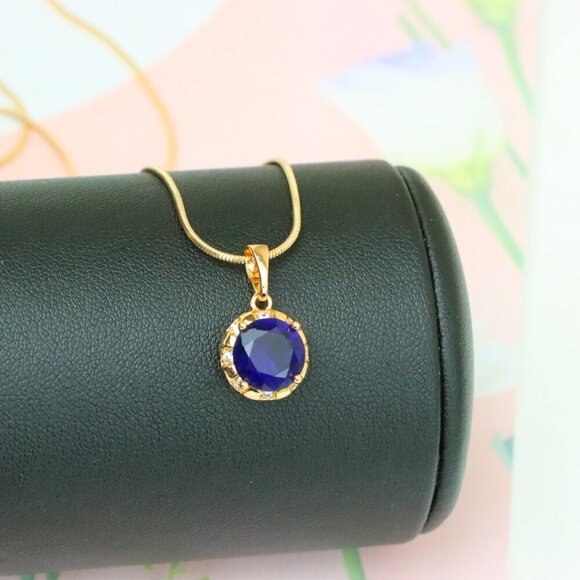 "Royal Blue Round Pendant with Sparkling Accents in Gold Finish, XPPT1647 - Picture 3 of 13